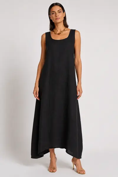 Rochie maxi din in cu design arhitectural si efect balon, neagra