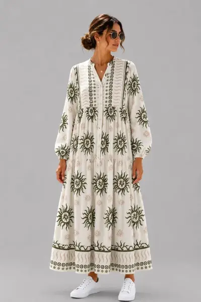 Rochie maxi din vascoza cu imprimeu solar si inspiratie boho, alb-kaki