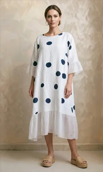 Rochie midi alba din in cu buline bleumarin si volane din matase