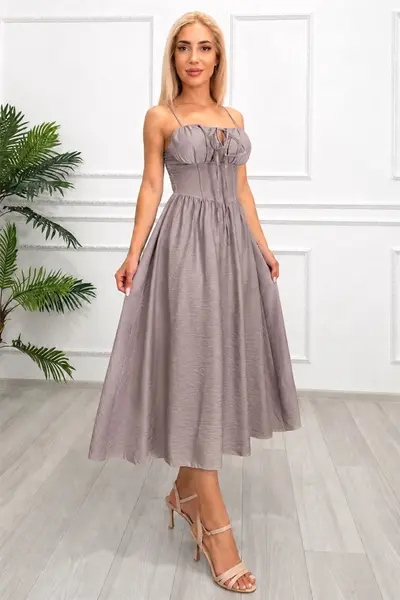 Rochie midi Ariella, cu bretele reglabile si tesatura crinkle, Gri , Marime S/M
