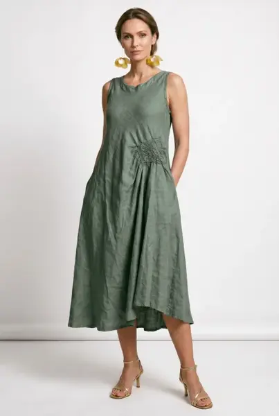 Rochie midi, asimetrica, din in, cu croiala ampla A-line si detaliu drapat, kaki