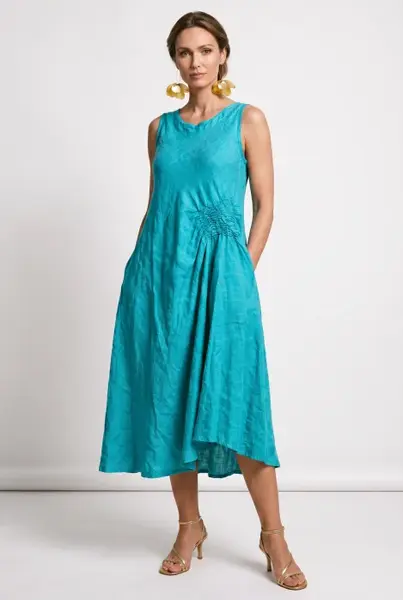 Rochie midi, asimetrica, din in, cu croiala ampla A-line si detaliu drapat, turcoaz
