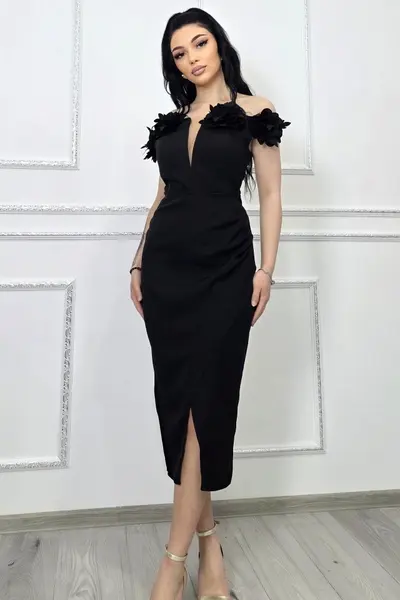 Rochie midi bodycon, SEVRIA, tip off-shoulder si detalii florale, NEGRU