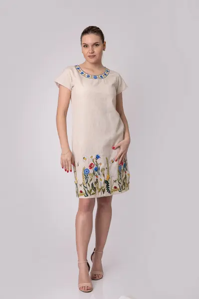 Rochie midi crem cu motiv floral multicolor Sabina