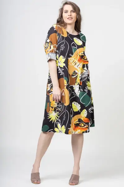 Rochie midi din bumbac cu imprimeu abstract pe fond negru