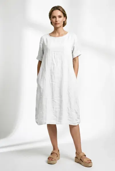 Rochie midi din in cu croiala lejera si prinderi laterale, alba