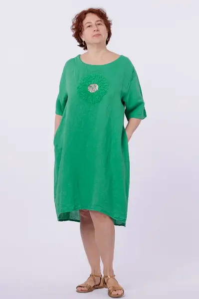 Rochie midi din in cu floare din paiete pe piept, verde