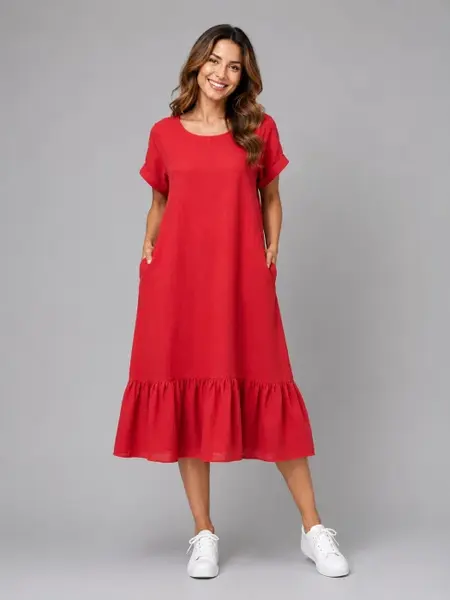 Rochie midi din in cu funda pe spate si volan amplu din batist, rosie
