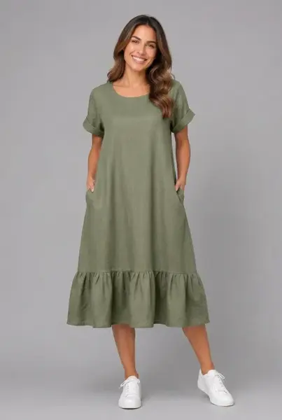 Rochie midi din in cu funda pe spate si volan amplu din batist, kaki