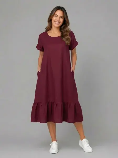 Rochie midi din in cu funda pe spate si volan amplu din batist, bordo