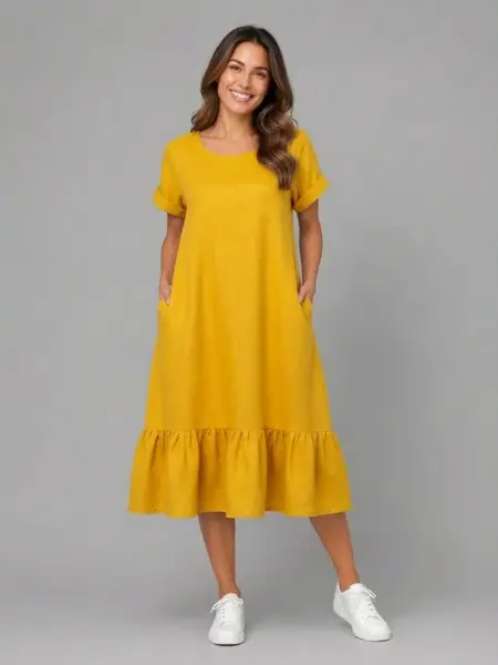 Rochie midi din in cu funda pe spate si volan amplu din batist, galbena