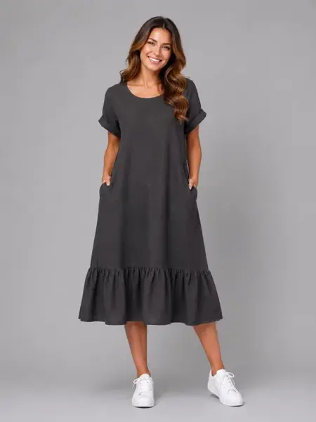 Rochie midi din in cu funda pe spate si volan amplu din batist, neagra