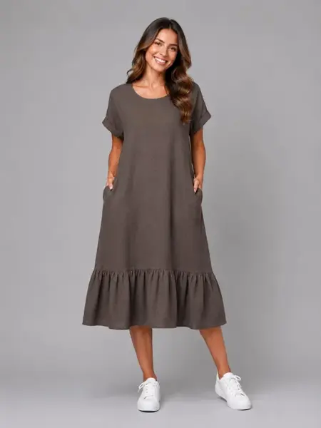 Rochie midi din in cu funda pe spate si volan amplu din batist, maro