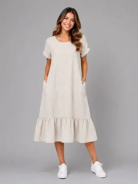 Rochie midi din in cu funda pe spate si volan amplu din batist, bej