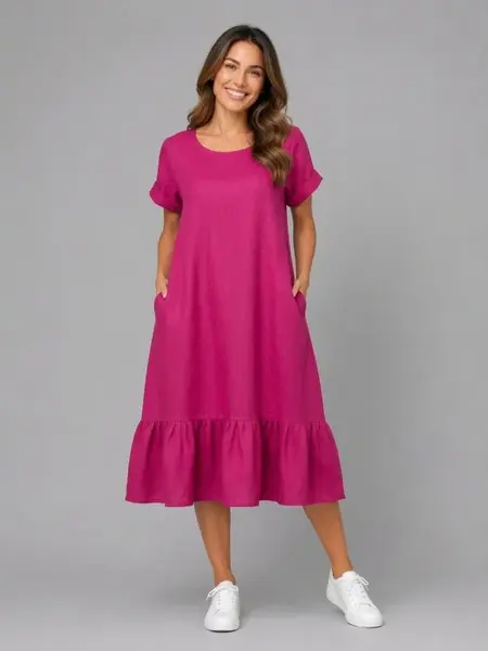 Rochie midi din in cu funda pe spate si volan amplu din batist, fucsia