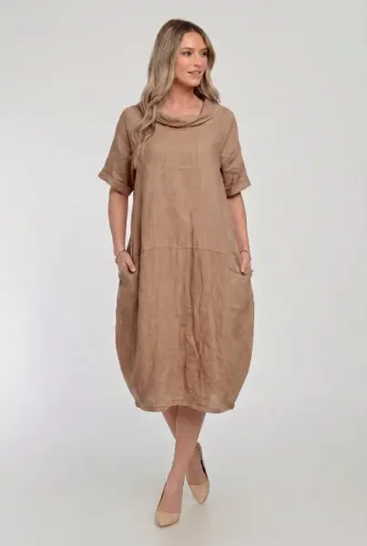 Rochie midi din in, lejera, croi lalea, oversized, camel