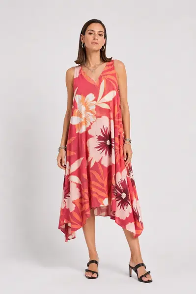 Rochie midi din vascoza cu imprimeu floral si croi asimetric caramizie