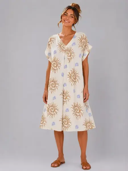 Rochie midi din vascoza cu imprimeu solar bej si decolteu in V