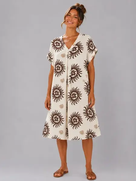 Rochie midi din vascoza cu imprimeu solar maro si decolteu in V