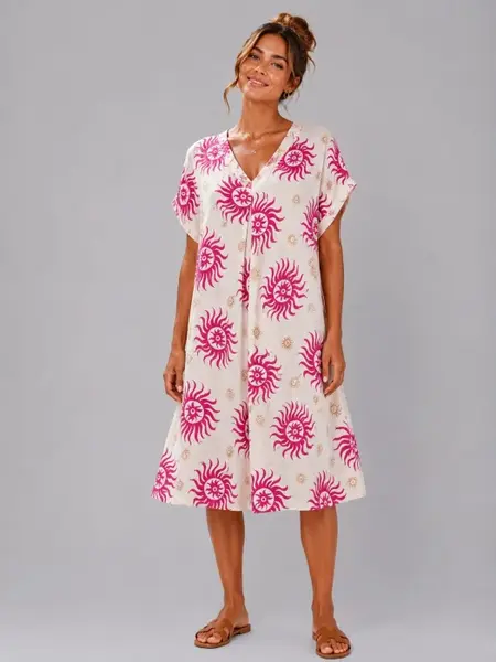 Rochie midi din vascoza cu imprimeu solar roz si decolteu in V