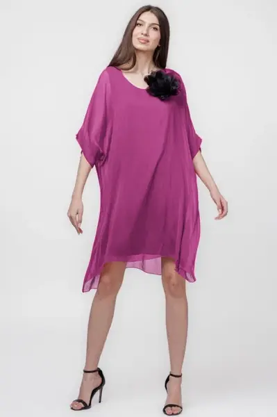 Rochie midi, dreapta, din matase si vascoza, cu funda pe spate, mov zmeura