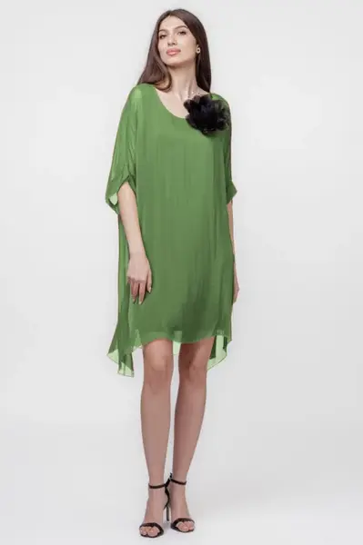 Rochie midi, dreapta, din matase si vascoza, cu funda pe spate, verde oliv
