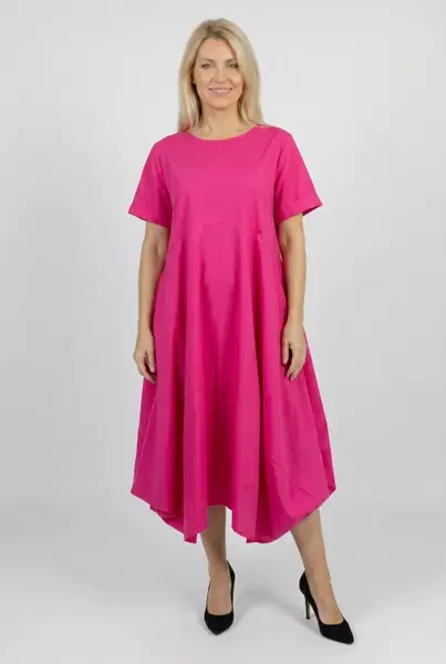 Rochie midi lejera oversize din bumbac, cu croi amplu si colturi, fucsia