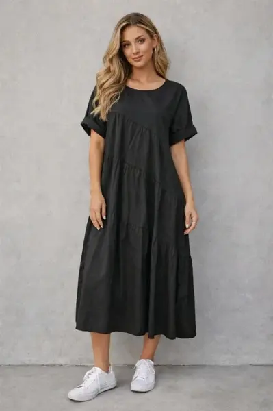 Rochie midi oversized din poplin de bumbac , stil lejer natural, neagra