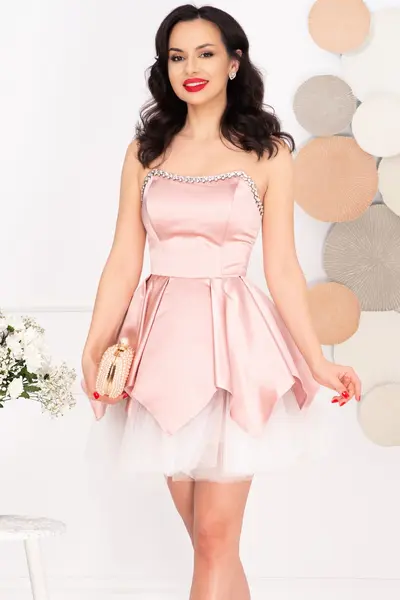 Rochie mini baby doll roz Tinkerbell cu corset si strassuri