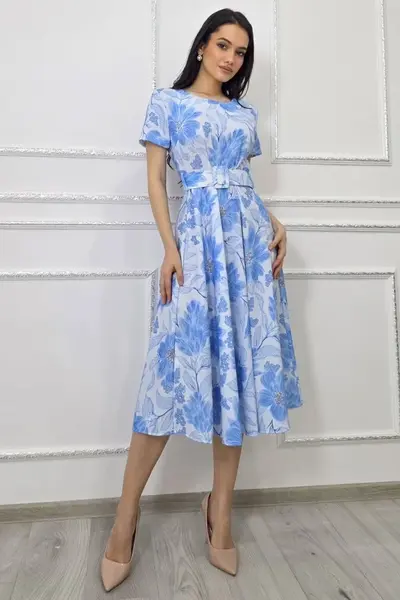 Rochie Nayla de vara, cu falduri si imprimeu floral, Albastru deschis, Marime S/M