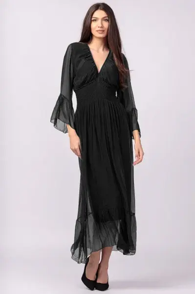 Rochie neagra din matase si vascoza cu banda elastica in talie si volane