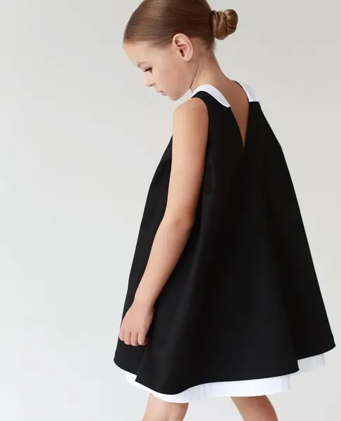 Rochie neagra din stofa guler si volan alb pentru fete - Blake