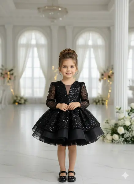Rochie neagra eleganta pentru fete, din dantela brodata - Julieta