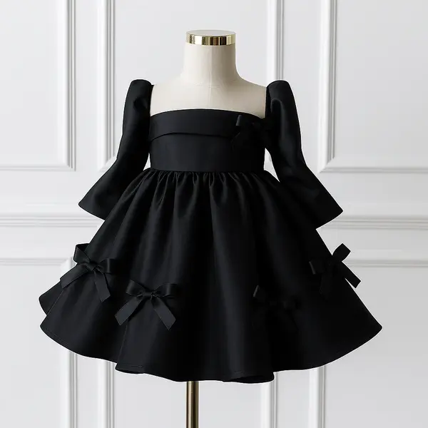 Rochie neagra eleganta pentru fete, din tafta accesorizata cu fundite - Sol