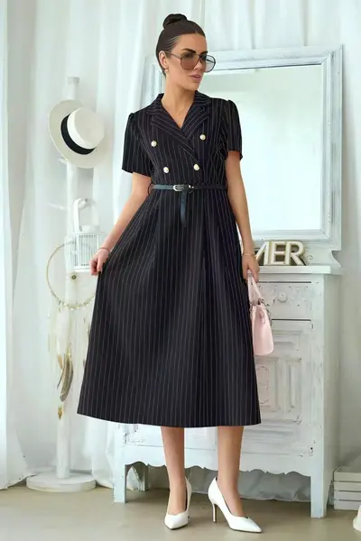Rochie office cu dungi, Mireya, revere si curea, Negru, Marime S/M