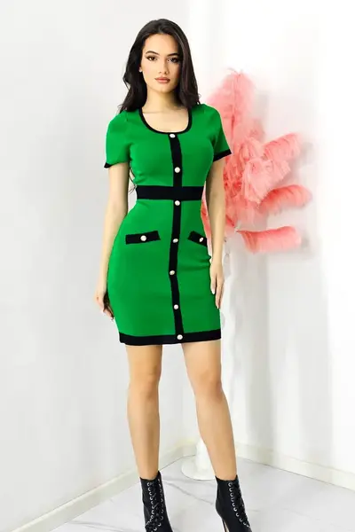 Rochie office Diana, tricot, cu buzunare decorative si maneca scurta, Verde, Marime S/M