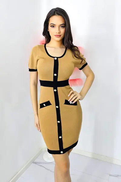 Rochie office Diana, tricot, cu buzunare decorative si maneca scurta, Bej, Marime S/M
