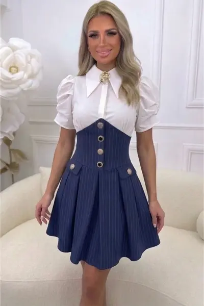 Rochie office DORYNA, cu maneca scurta si brosa, Bleumarin, Marime S/M