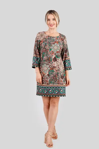 Rochie office multicolora cu imprimeuri florale verzi si maneci trei sferturi