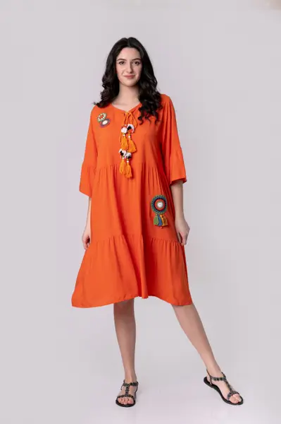 Rochie orange boho chic cu volane si maneci largi