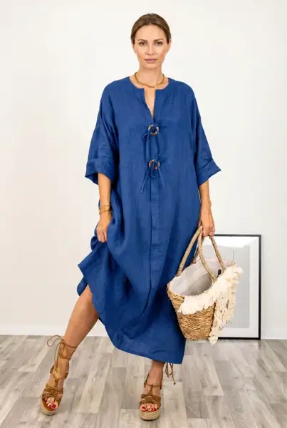 Rochie oversize din in, cu nasturi pe piept, albastru electric