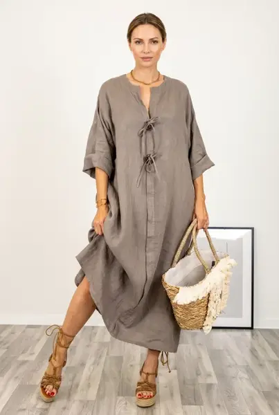Rochie oversize din in, cu nasturi pe piept, bej inchis