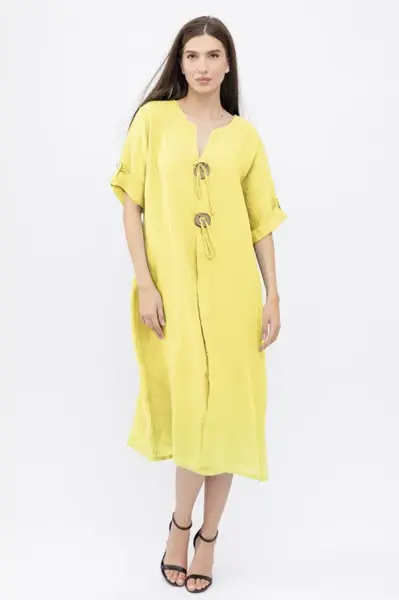 Rochie oversize din in, cu nasturi pe piept, galben pai