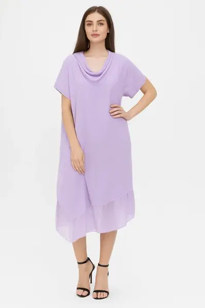 Rochie oversize usor asimetrica A-line, din in cu guler si volan din matase, lila