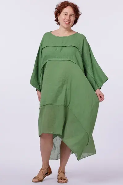 Rochie oversize verde olive, din in si batist de bumbac