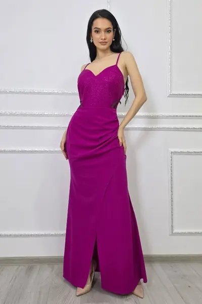 Rochie petrecuta, de seara Serelya, cu dantela si cristale artizanale, Magenta
