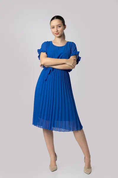Rochie plisata albastru regal cu cordon in talie