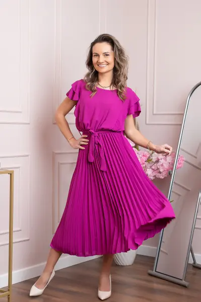 Rochie plisata fuchsia cu volane pe maneci