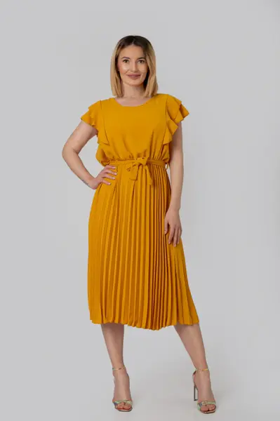 Rochie plisata galben mustar cu volane pe maneci