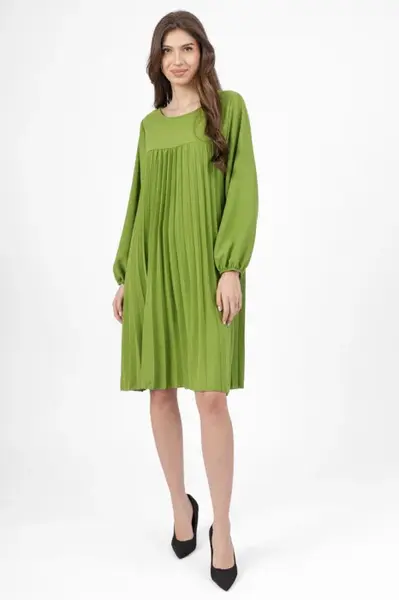 Rochie plisata midi, A-line cu maneca lunga cu elastic, verde deschis